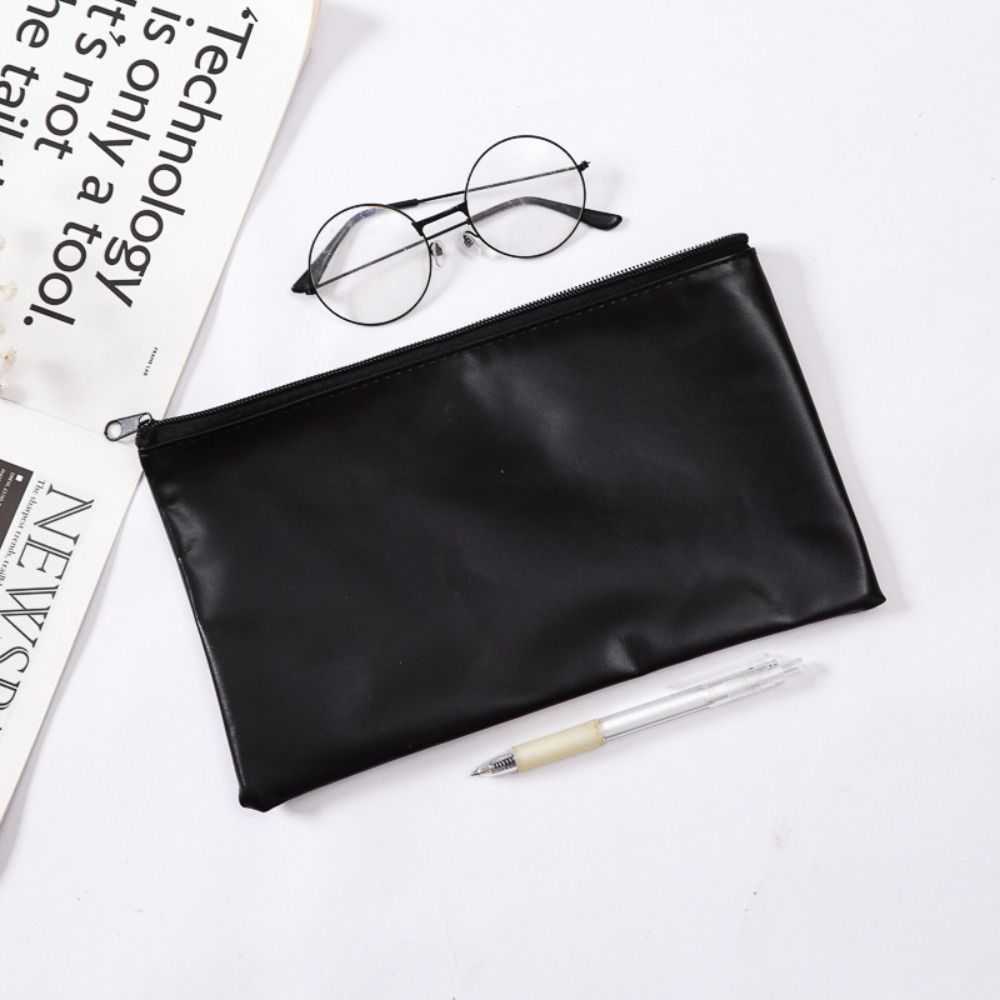Faux Leather Money Cash Case Zippered Closure File Bag Simple Pencil Pouch  For Cosmetics Tools
