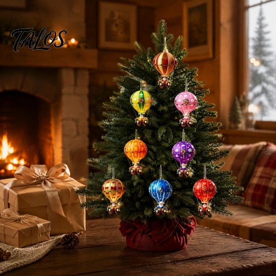 Christmas Tree Decor for Parties 12Pcs Hot Air Balloon Wooden Ornaments, 2D Flat Santa Hanging Pendant, Seasonal Windows Colorful Rainbow Wood Slices