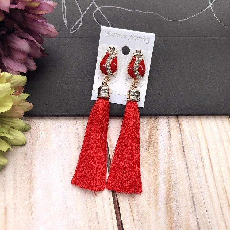 Retro flower gemstone with diamond fringed stud earrings long celebrity temperament earrings women's versatile earrings