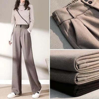 Winter Women Cotton Pants Casual Solid Color Wide Leg High Waist Female Straight Long Trousers