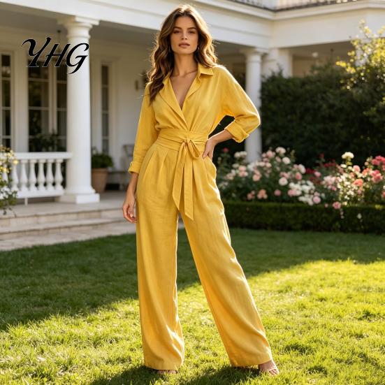 Women Wide Leg Pants V Neck Long Sleeves Jumpsuit, Collared One Piece Romper with High Waisted Jumpsuits Belt, Solid Color Dressy Casual Fall Outfits
