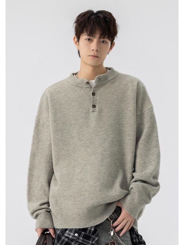520g Men's Retro Henley Collar Heavyweight Sweater - Old Money Style, Casual Knit Hoodie, Plus Size, Autumn/Winter Wear
