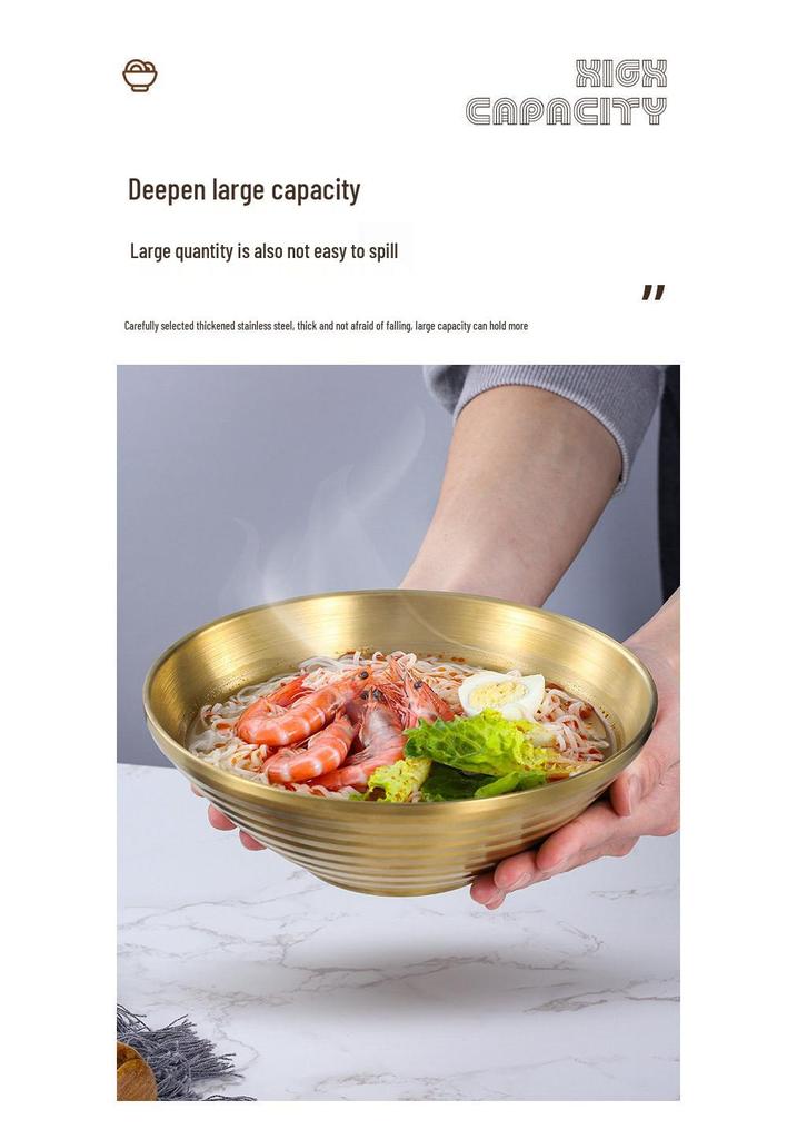 304 Stainless Steel Double Layer Heat-Insulated Ramen and Soup Bowl - Large Gold Noodle Mixing Bowl