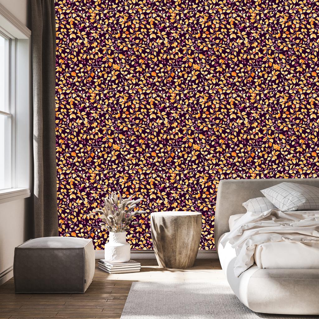 Intricate floral pattern wallpaper, burgundy and orange, 50x1000