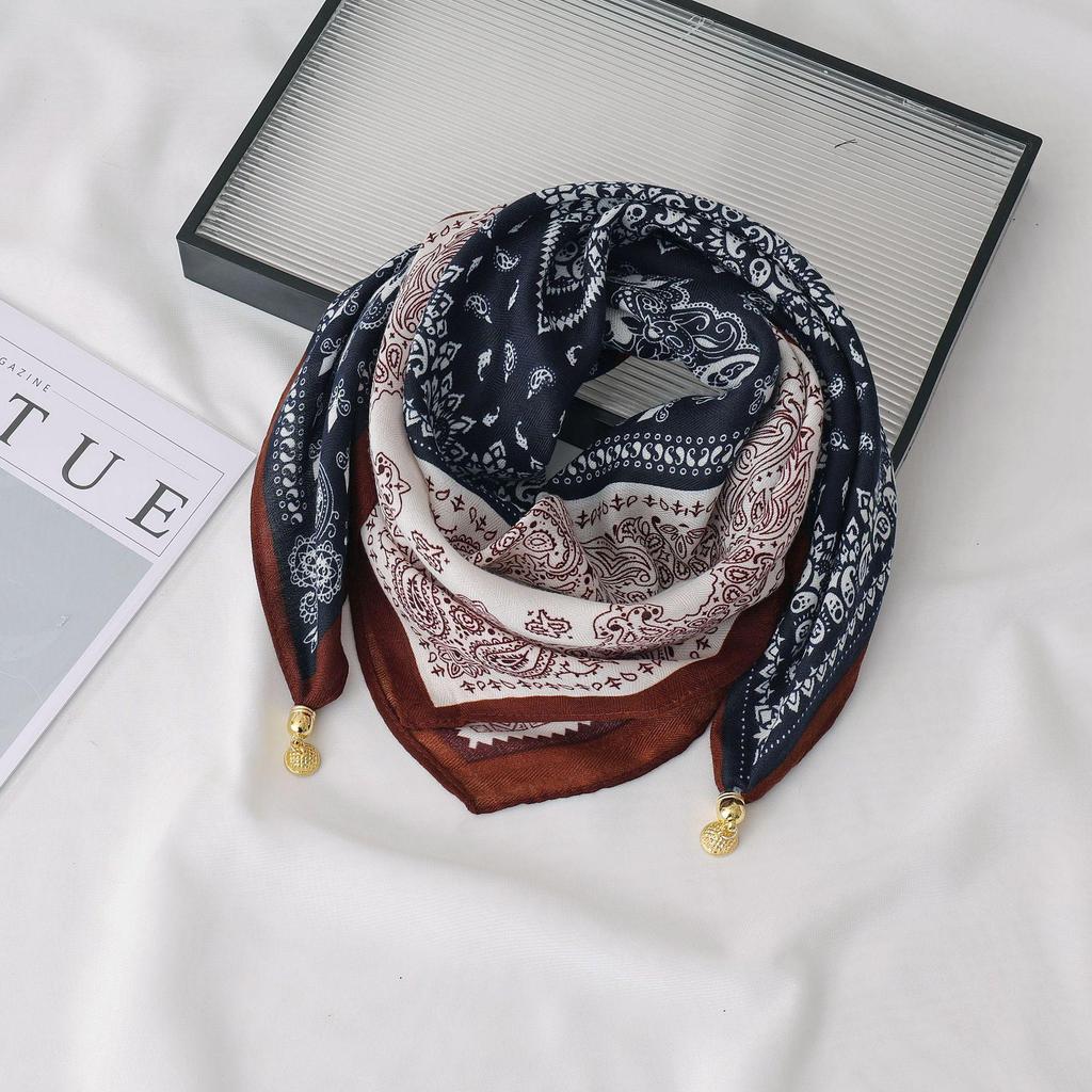 Women's 65" Silk Square Scarf with Magnetic Buckle – Autumn/Winter Print, Fashionable & Versatile Triangle Snood