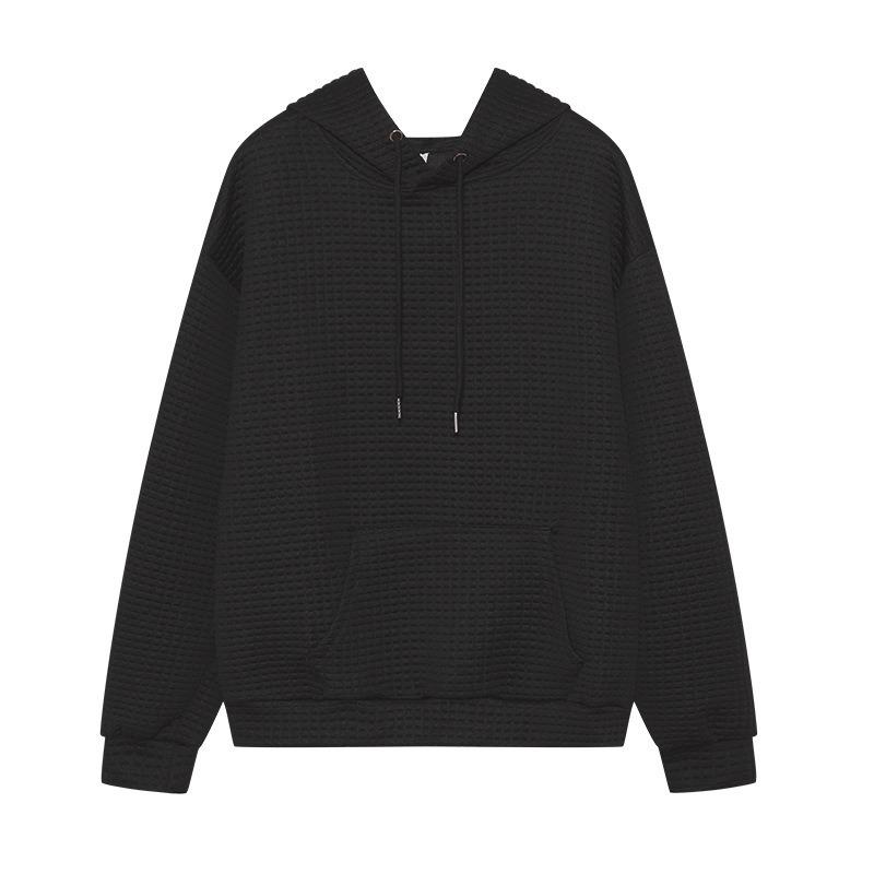 Waffle Grid Kangaroo Pocket Hoodie, Casual Long Sleeve Drawstring Hoodies Sweatshirt, Women's Clothing
