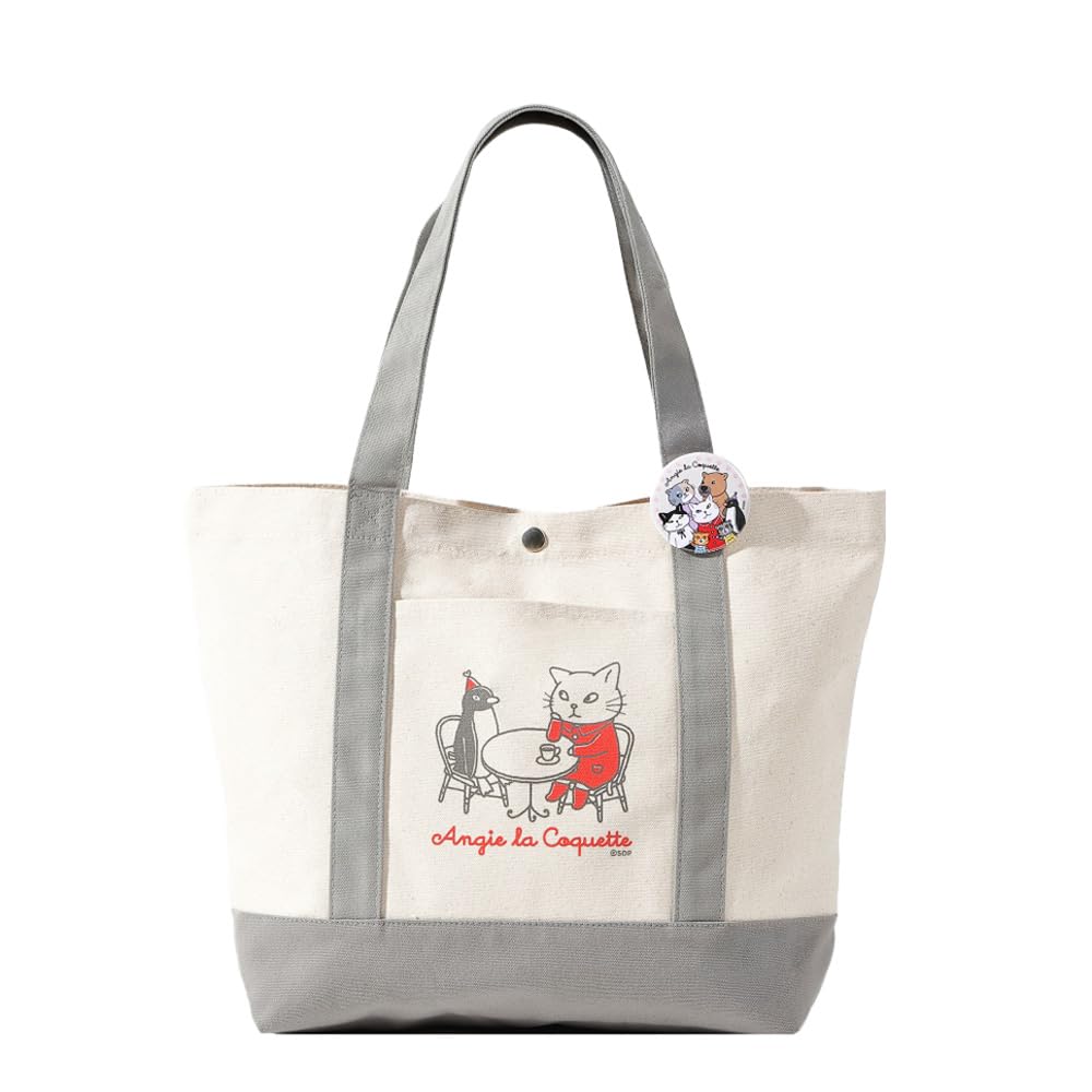 [Angie la Coquette] Angie la Coquette Красивая сумка-тоут Angie, холщовая, двухцветная, цвет слоновой кости x серый, дизайн с персонажем, женская, милый кот