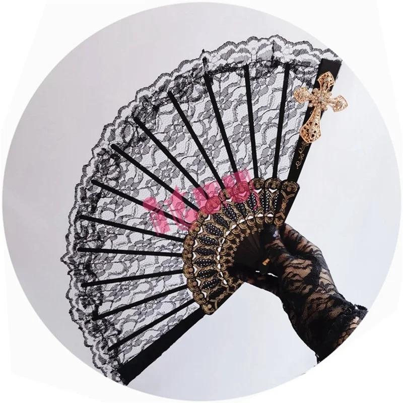 Lolita Cosplay Hand Held Fan Gothic Angel Wing Feather Rose Bead Chain Lace Flower Black Folding Fan Dance Photo Props Halloween