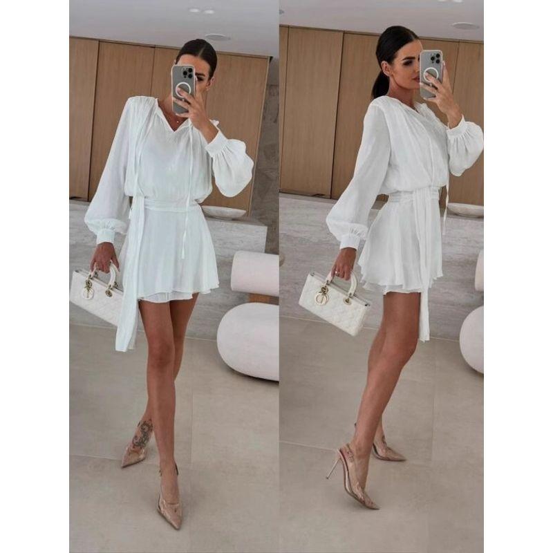 2025 European and American Simple Style Autumn Solid Long sleeve V-neck Lace-up Casual Dress Women