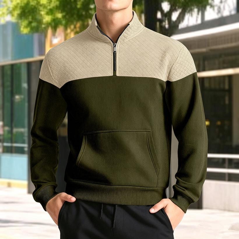 Men Color Block Quarter Zip Sweatshirt Mock Neck Pullover with Kangaroo Pocket Ribbed Cuffs Hem Long Sleeve Spring Fall Casual Streetwear Top