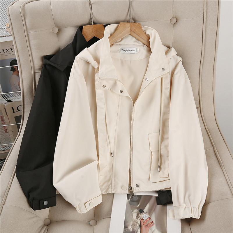 Women Windbreaker Hooded Jacket Autumn Waterproof Patch pocket Button Crop Oversized Jackets Streetwear Track Jacket Outerwear