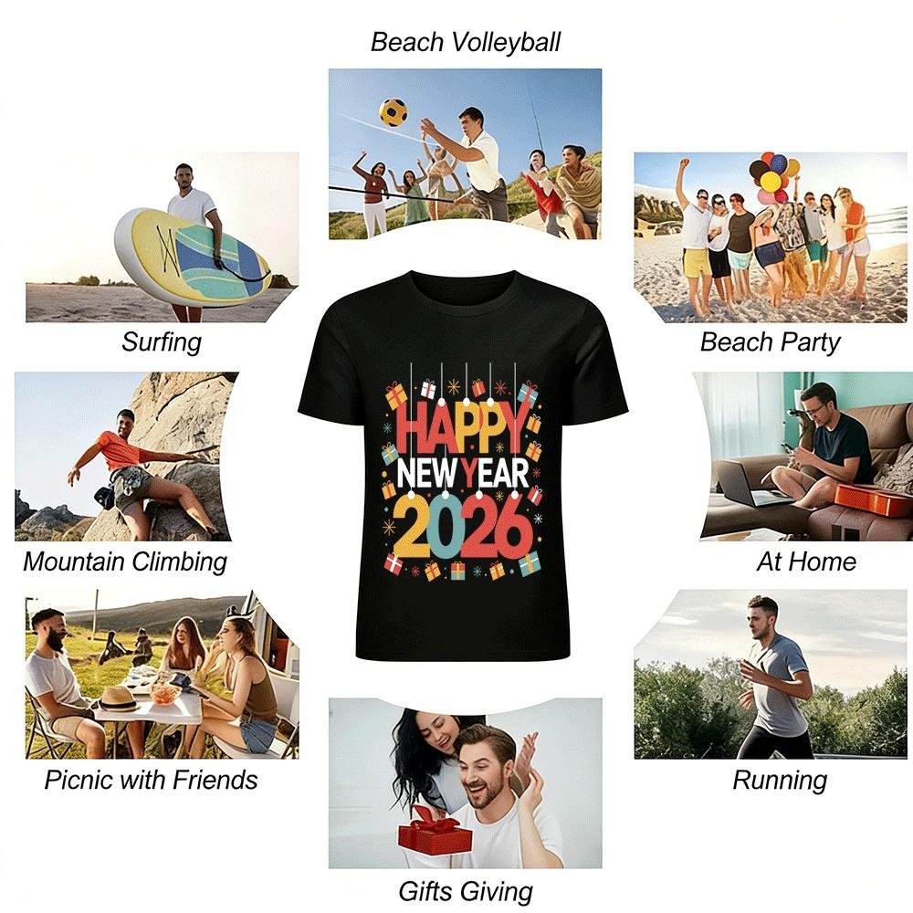 2026 Happy New Year Print Casual Unisex Knit Top Pure Cotton T-shirt