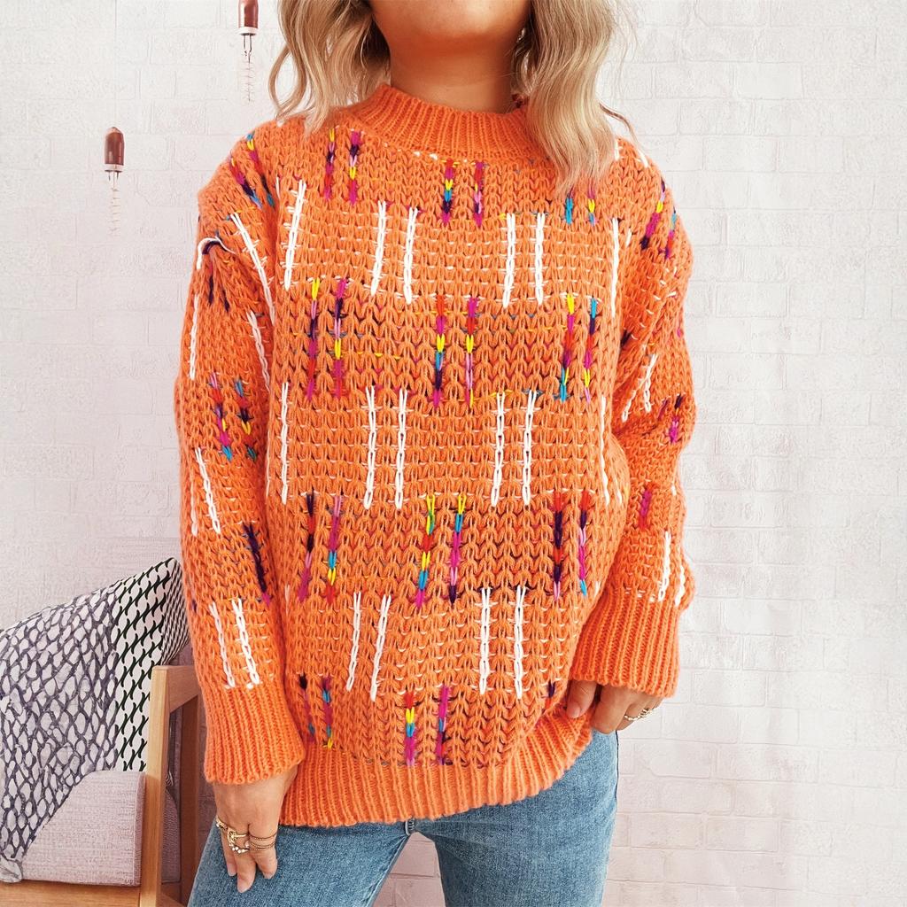 Women's Casual Cute Style Colorful Striped Plaid Contrast Color Knitted Pullover Sweater