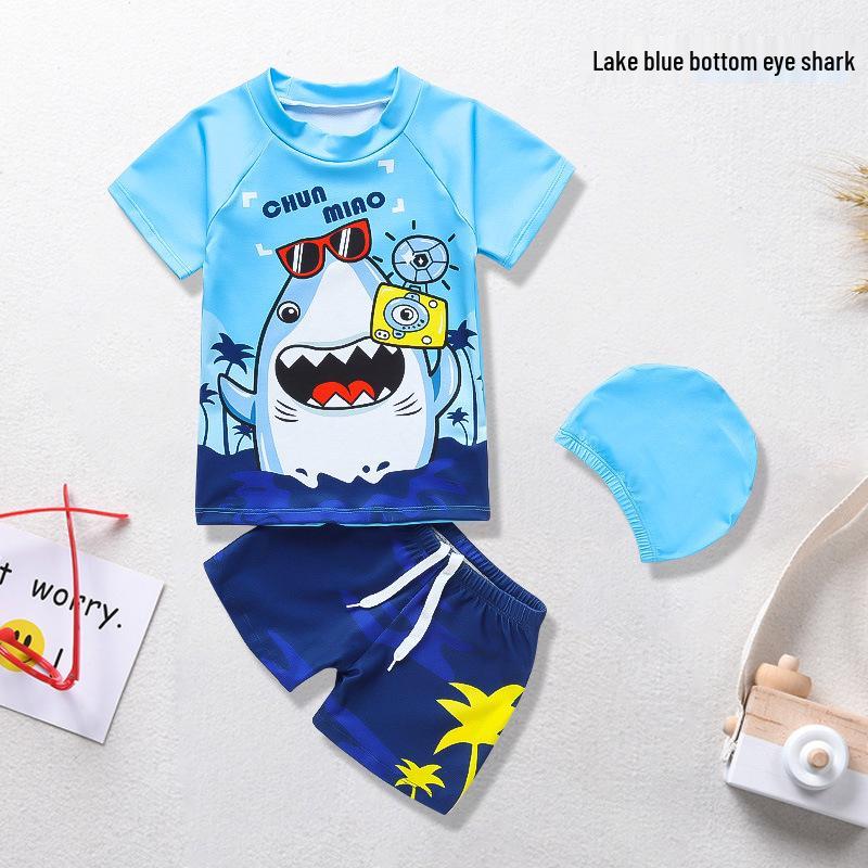 Cartoon Boys' Toddler Sun Protection Quick-Dry Swimsuit Set with Swim Cap