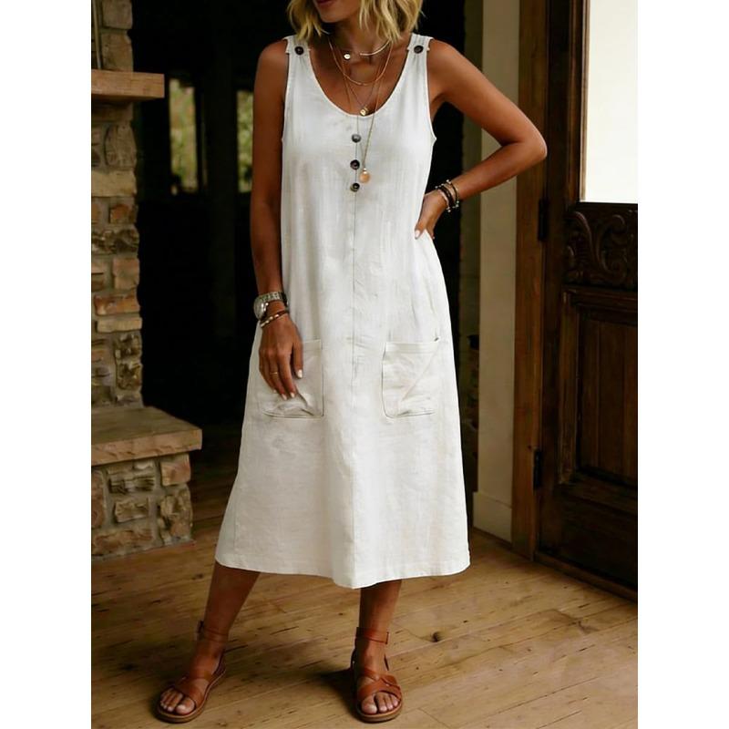 JPNTKY Fashion Summer Spring Solid Color Print U-Neck Sleeveless Casual Dresses