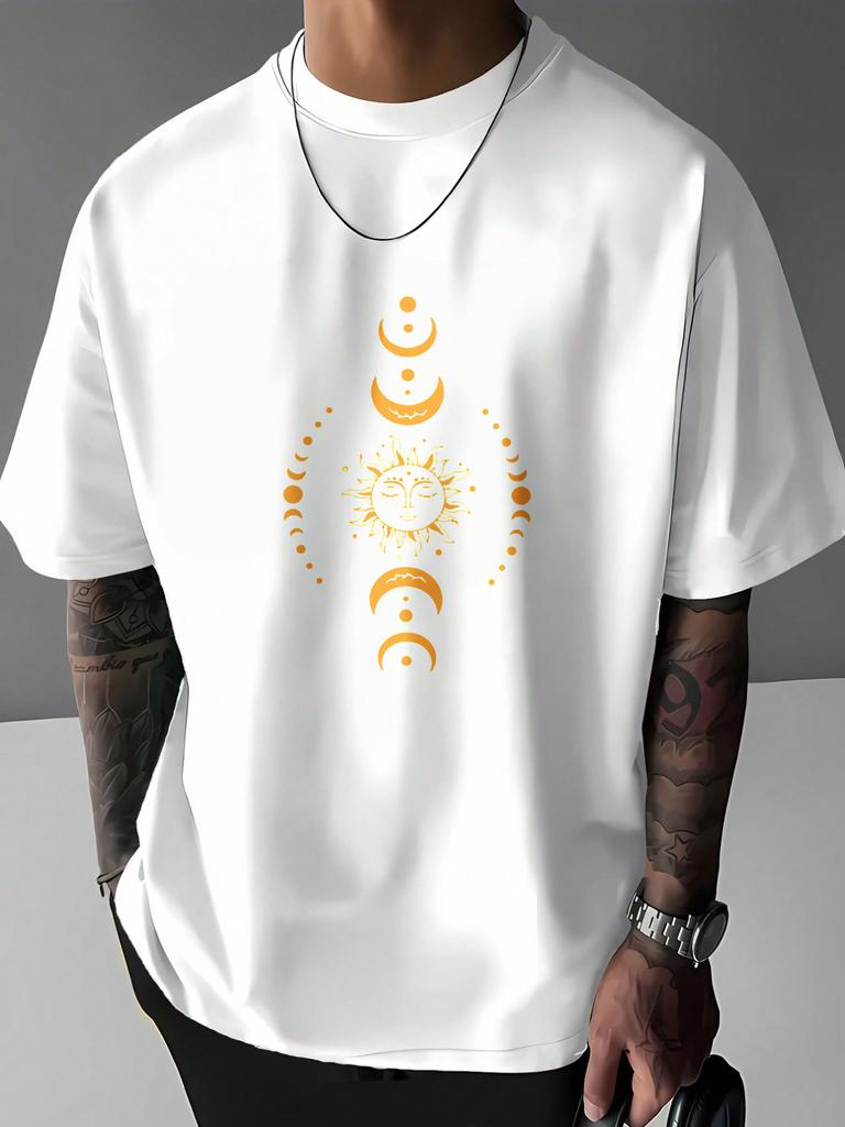 Unisex Cotton Tee Sun Moon Phase Celestial Mystic Graphic Short Sleeve Retro Boho Casual Summer Street Tops For Young Male Adults