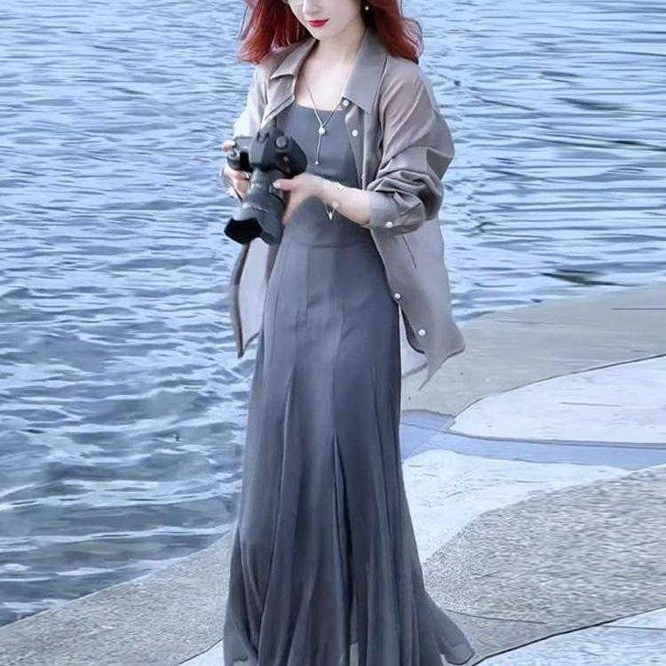 Women's 2026 Summer Stylish Slimming Sun Protection Two-Piece: Shirt with Slip Dress Long Dress Set