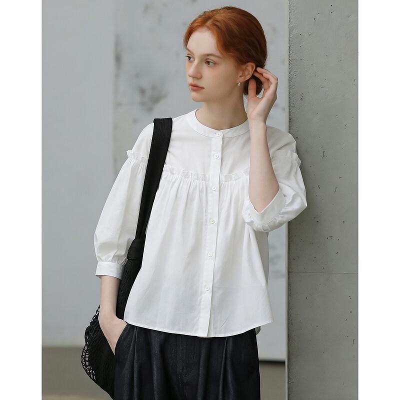 Demana Women's French Pleated Bubble Sleeve Cotton Blouse