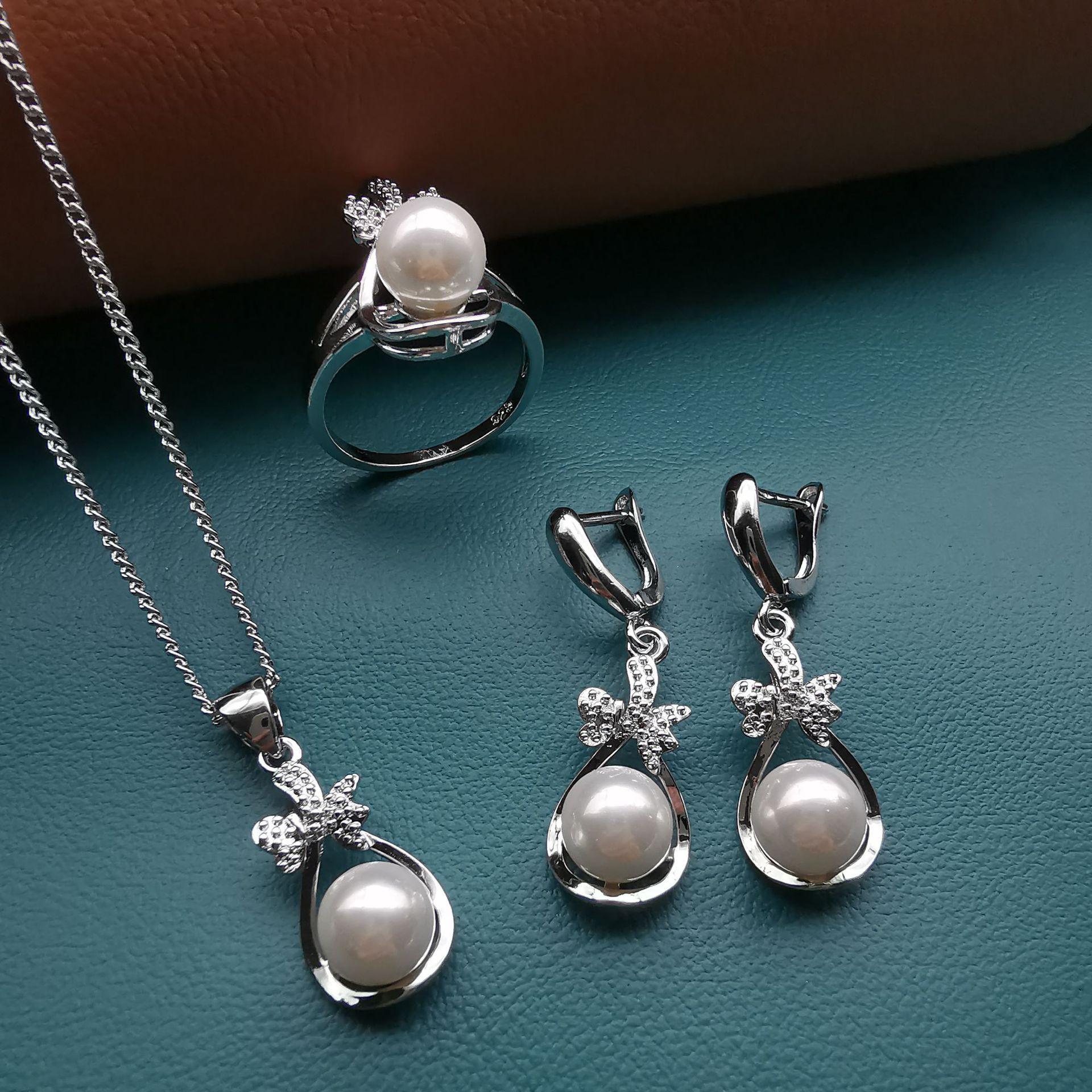 Pearl Necklace Earrings Set Bridal Jewelry Set ring size 6 белый