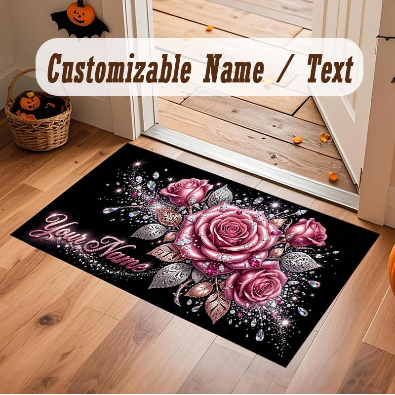 Floral Garden Theme Soft Crystal Velvet Rug Custom Name & Text Print Non Slip Floor Rug for Bedroom Living Room