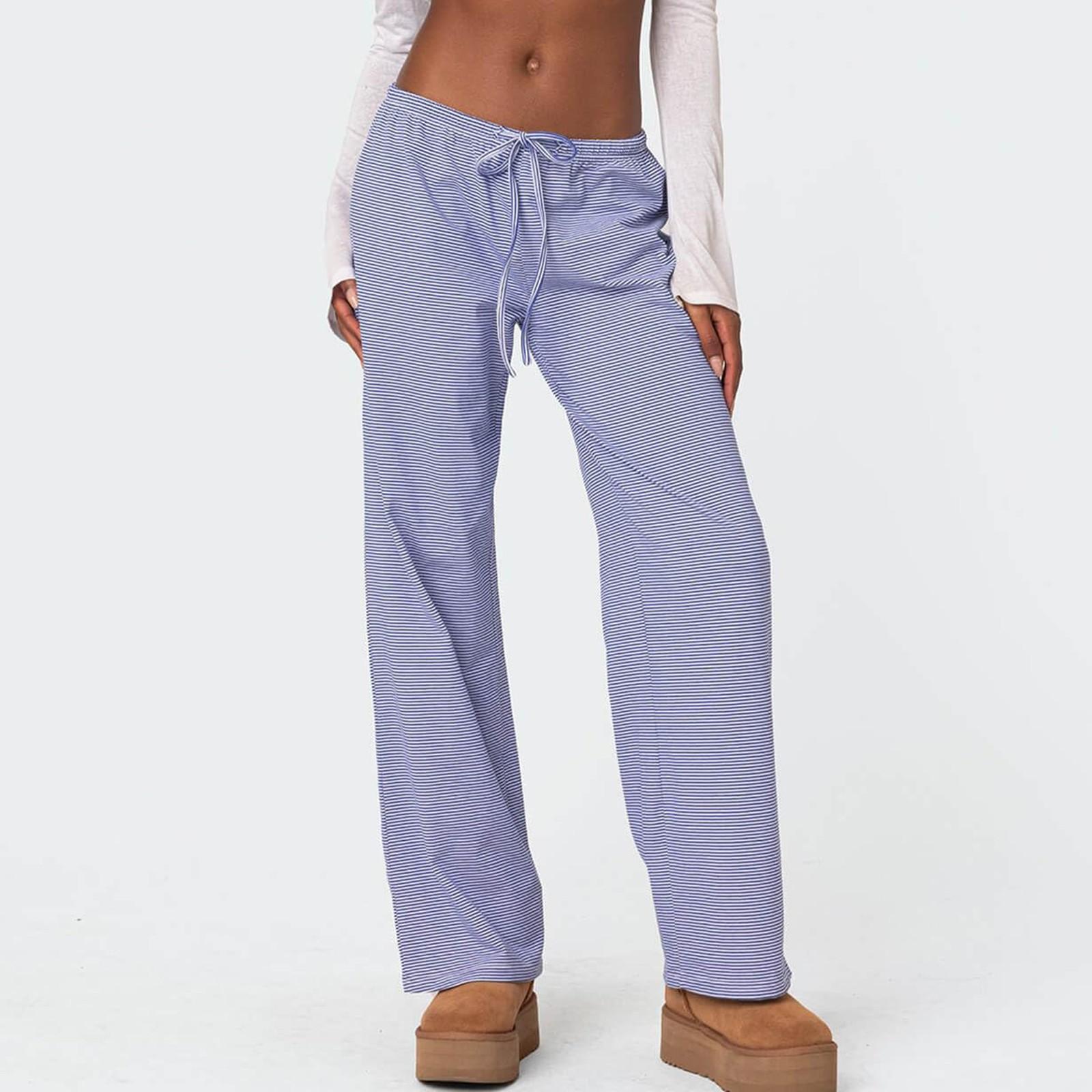 

Женские модные повседневные драпированные завязки прямые универсальные мягкие полосатые домашние пижамные брюки S синий