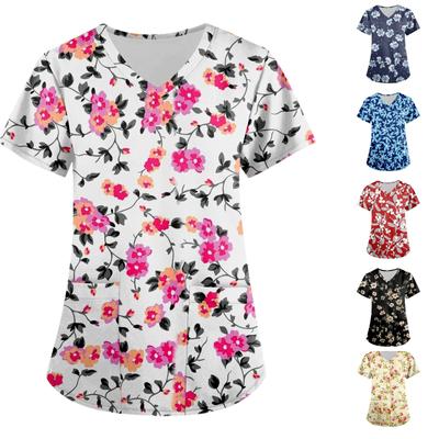 Damskie modne koszulki z krótkim rękawem i dekoltem w serek z nadrukiem i kieszeniami, robocze T-shirty