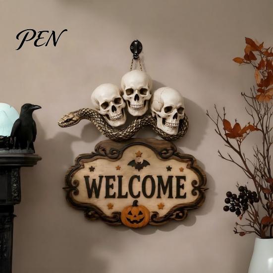 Outdoor Party Decorations Halloween Wooden Welcome Sign, Spooky Skull Frog Crow Witch Door Hanger, Hanging Plaque 2D Wall Sign for Home Decor Creative