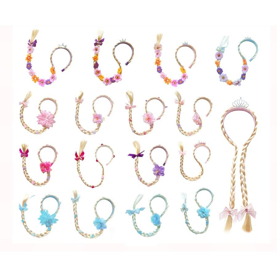 Princess Girls Flowers Headband Flower Fary Dress Up Weaving Long Braid Wig Headband Kids Halloween Rapunzel Cosplay Head Wear