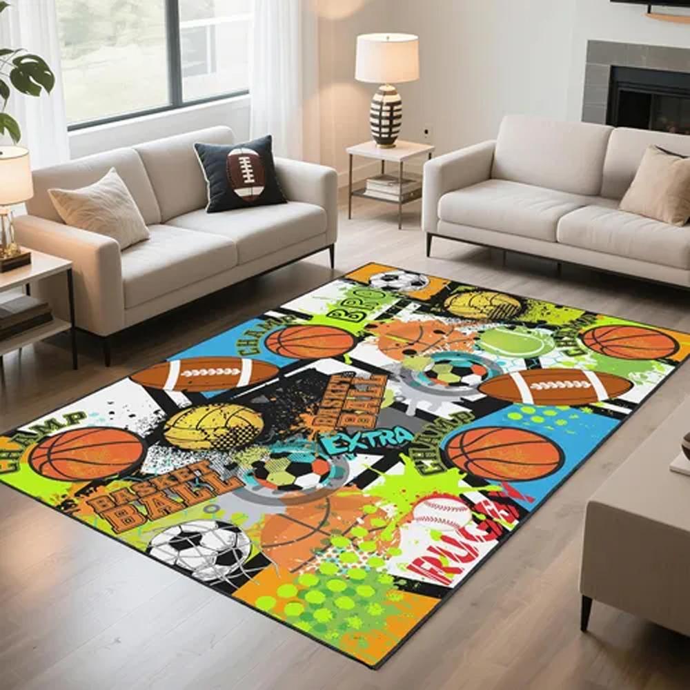 Soft Cozy Multi Sports Balls Printed Area Rug Non Slip Washable Floor Mat for Kids Room Bedroom Boys Sports Themed Home Decor