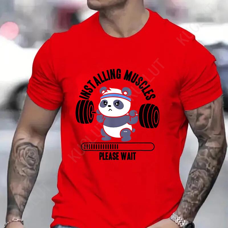 Funny Panda Gym Print T-Shirt Summer Tees for Men Women O-neck Casual Short Sleeve Weightlifting Installing Muscles Fashion Tops