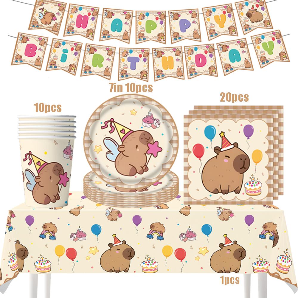 Capybara Disposable Tableware Set  Birthday Party Capybara Tablecloth Cups Plates Napkin Banner Cake Topper Kids Party Supplies