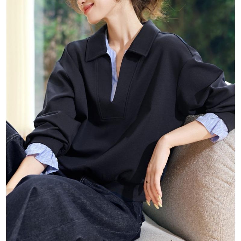 Fake Two Piece Patchwork Stripe Long Sleeve Casual Commuter Women Sweatshirt