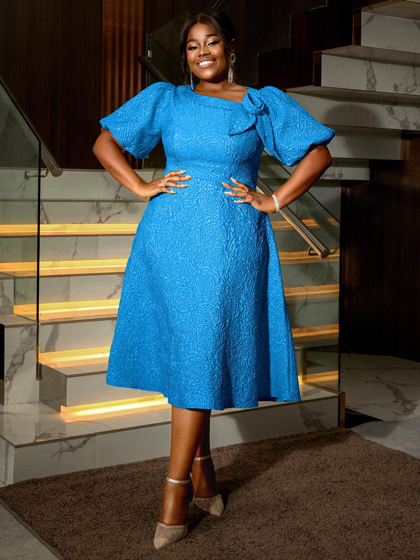 

AOMEI жаккардовые платья миди А-силуэта с неровным вырезом и 3D-цветком для женщин с рукавами-фонариками, вечерние платья для мероприятий 1XL