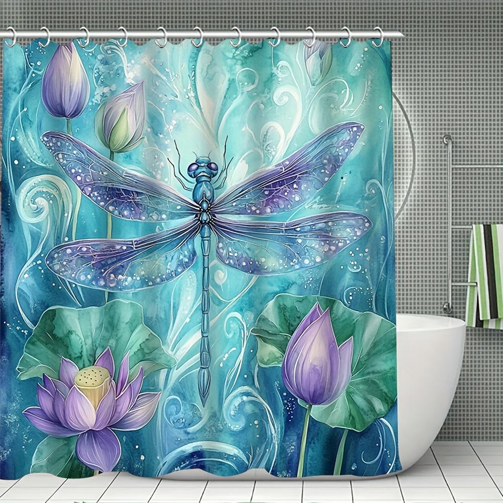 

1Pc Shower Curtain - Elegant Blue Dragonfly With Lotus Flowers And Swirls Design Waterproof W60H190(CM)-1 Pcs