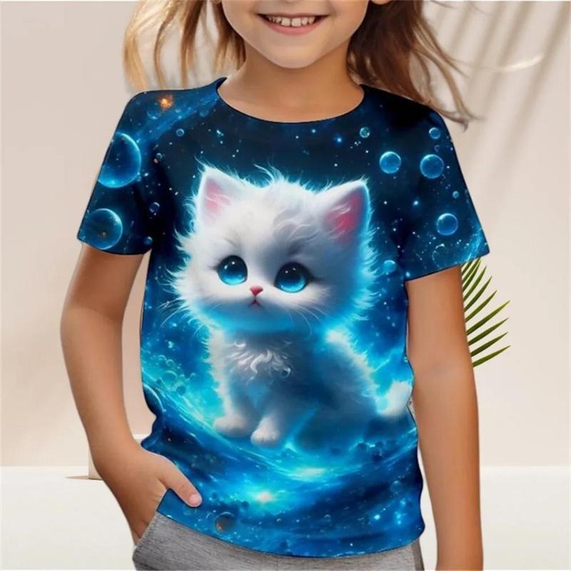 Children's Cartoon Kitten Printed Colorful Round Neck T-shirt for Girls, Fashionable Soft Comfortable T-shirt