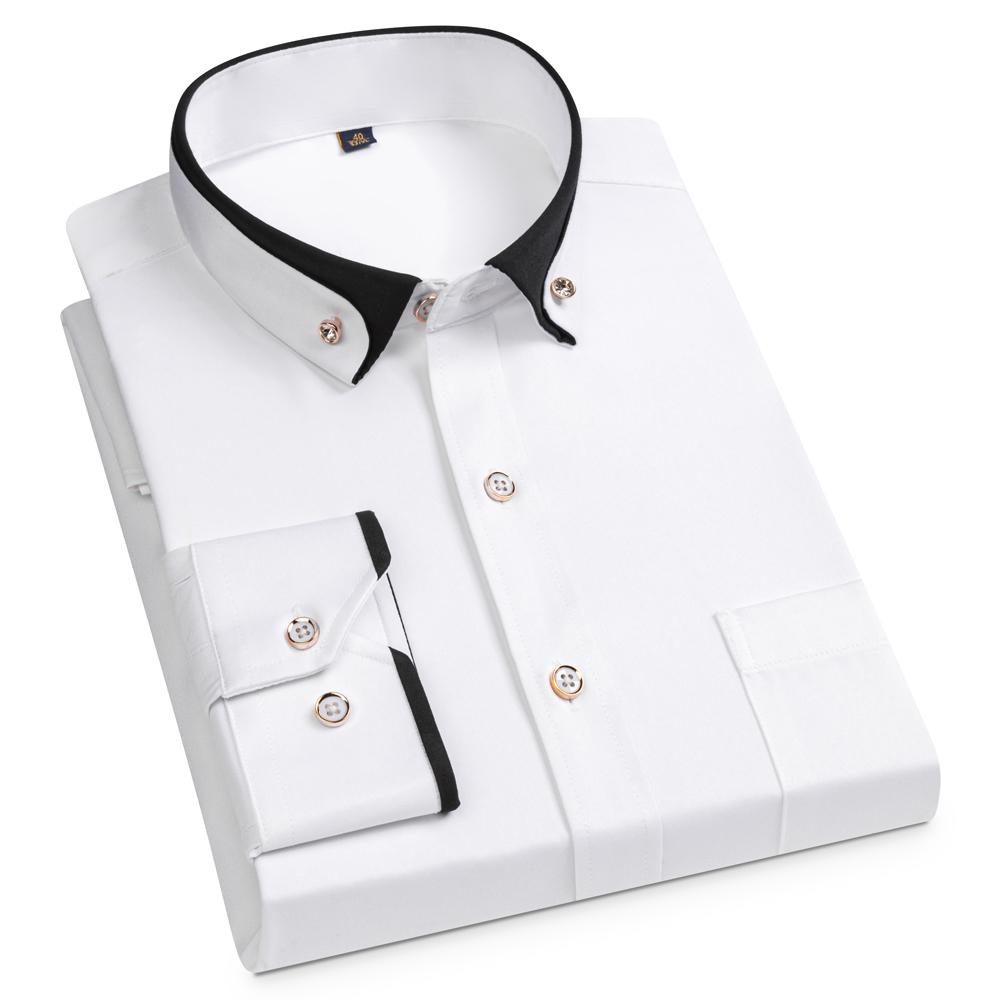 Men's Diamond Buttons & Contrast Collar Dress Shirt with Chest Pocket Long Sleeve Stretch Smooth Wrinkle-Free Easy Care Shirts