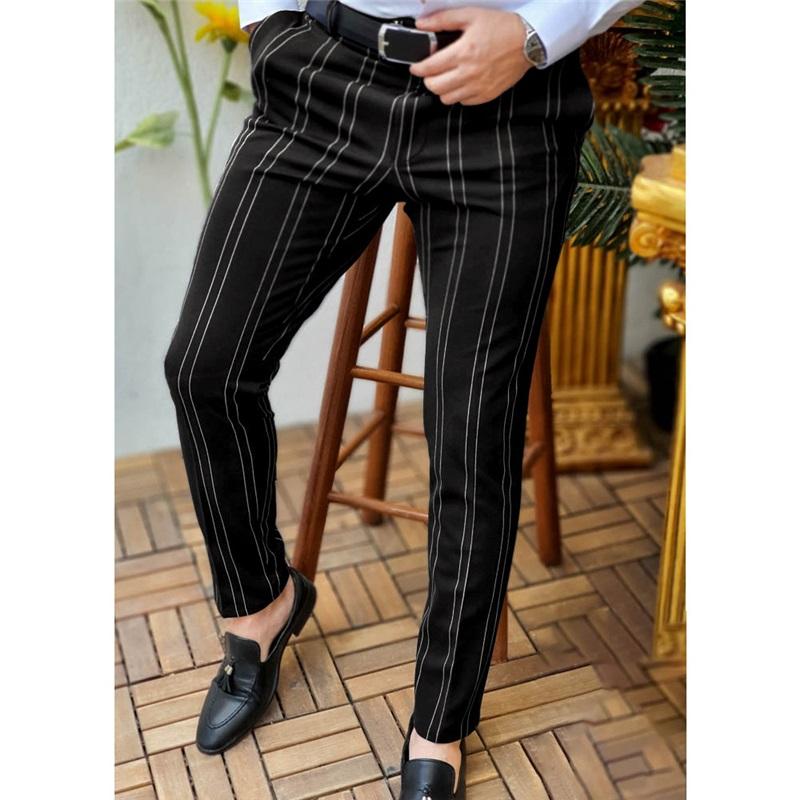European And American Autumn And Winter Men's Printed Casual Fashion Striped Mid-waist Pencil Pants Slim Pants