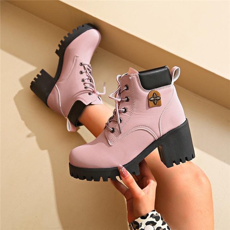 Women Lace Up Chunky Block Heel Ankle Boots Fashion Thick Sole Platform Short Martin Boots