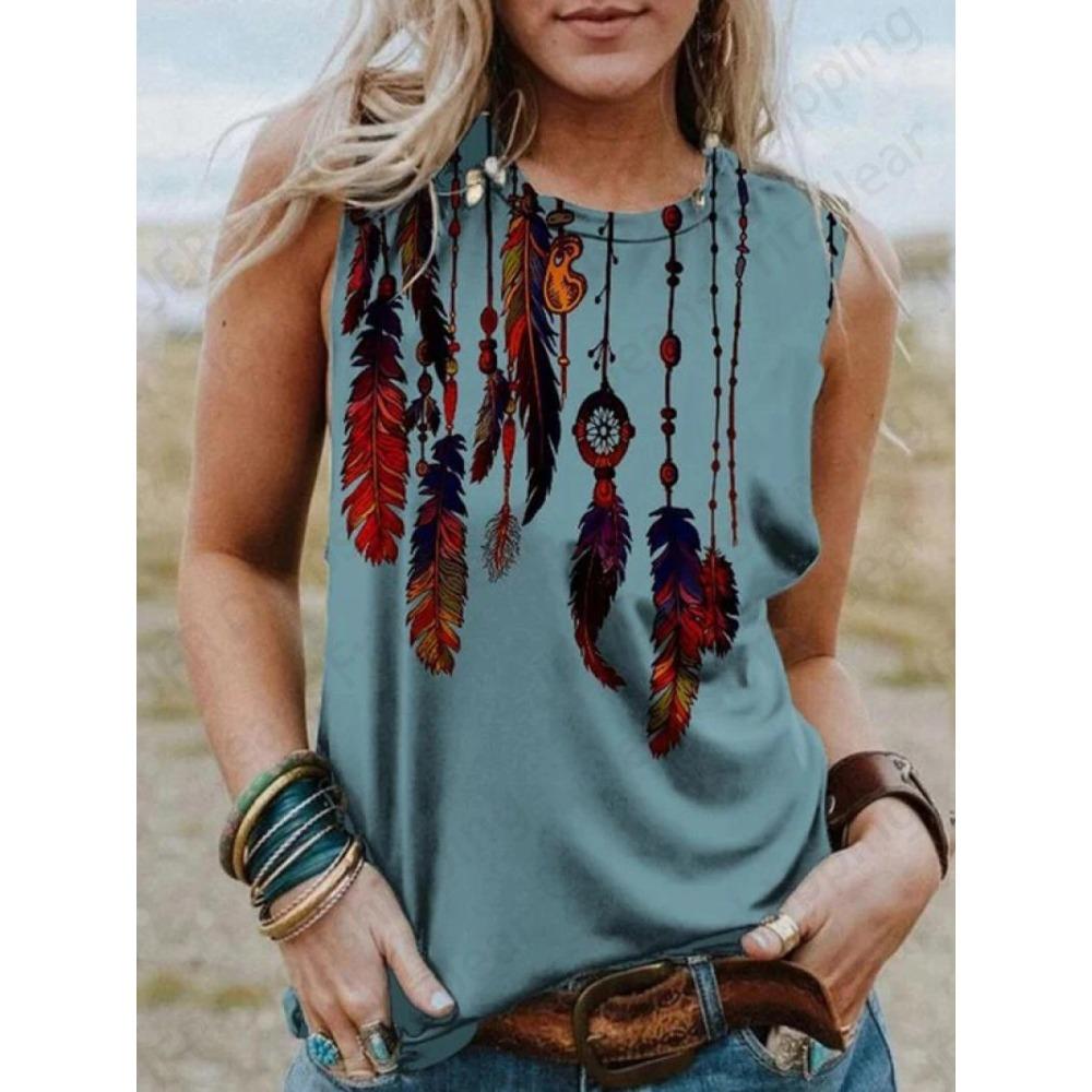 

Майки с принтом перьев, женская мода, жилет без рукавов, сексуальный повседневный винтажный топ-майка, повседневные топы с круглым вырезом, женская одежда 2024 L