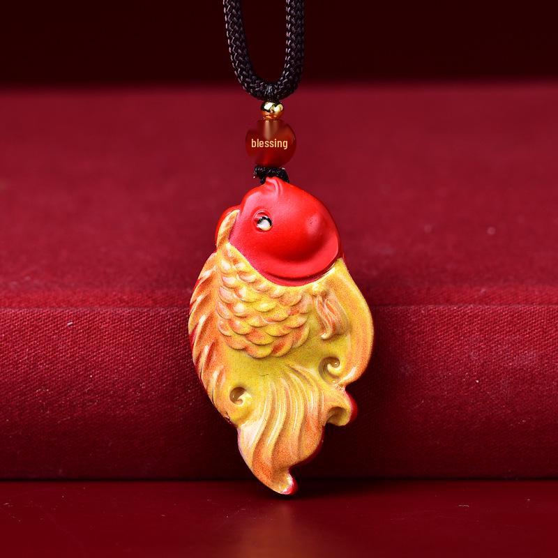 Zodiac Nine-Tailed Fox Pendant: Cinnabar Thangka Painting with Koi, Lion, and Lotus Design