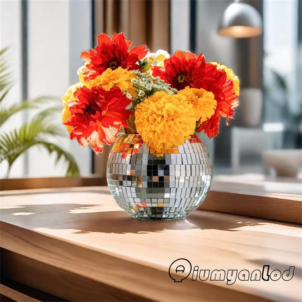 Disco Ball Planter,Disco Ball Vase,Disco Ball Flower Pot,Disco Ball Bowl,Disco Plant Holder,Silver Mirror Glass Disco Ball Decor Vase for Table