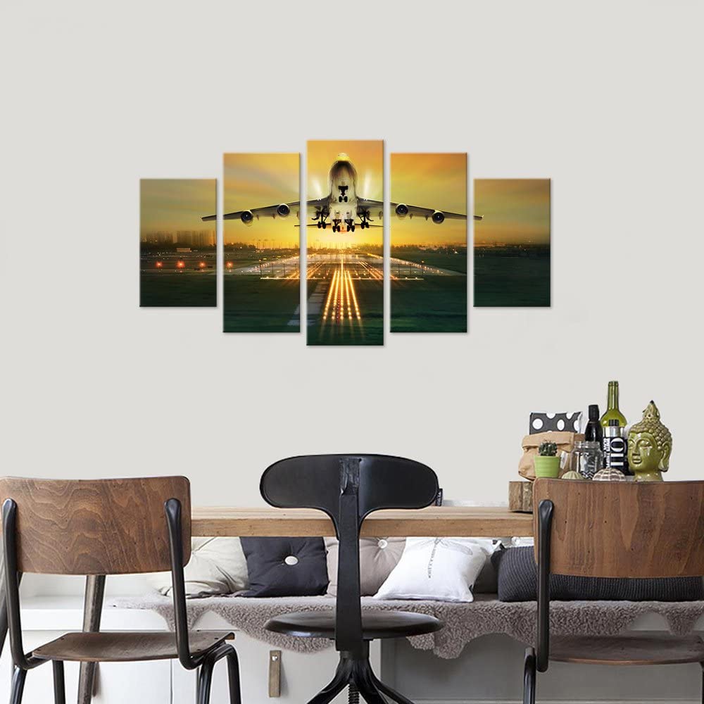 Commercial Airplane Take Off Airport Night Landscape Canvas 5 Pcs Wall Art Posters Pictures Paintings for Living Room Home Decor