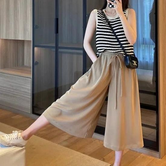 Hochtaillierte Eisseiden-Hose mit weitem Bein für Damen - Sommer Schlankmachend, Koreanischer Stil, Lockere Passform, Birnenform-freundlich, Rockhose mit Kordelzug