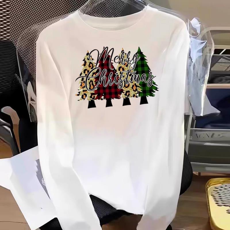 (Asian Size) Tree Watercolor Cute Graphic Tee Women Print T Shirt Christmas New Year Autumn Winter Casual Fashion Top Clothing Long Sleeve T-shirts
