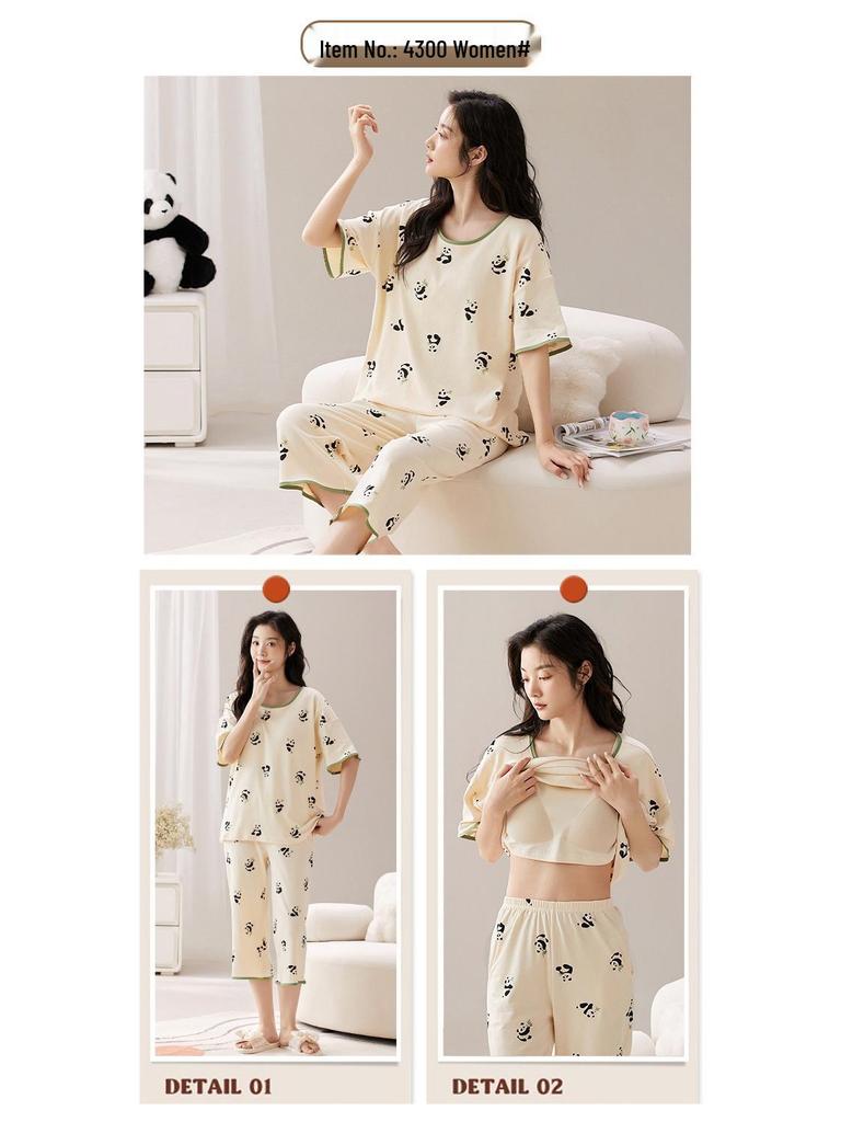 2025 Women's Summer Capri Pajama Set: Short-Sleeve, Thin Cotton with Breast Pads, Versatile for Home or Outside Wear