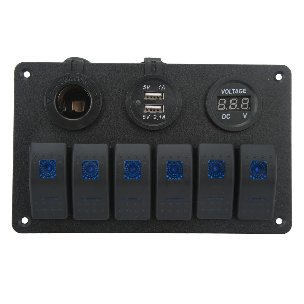 20A 6 Gang Rocker Switch Panel 12V 24V Blue Light Waterproof for Boats Ships Cockpits SUV Trucks