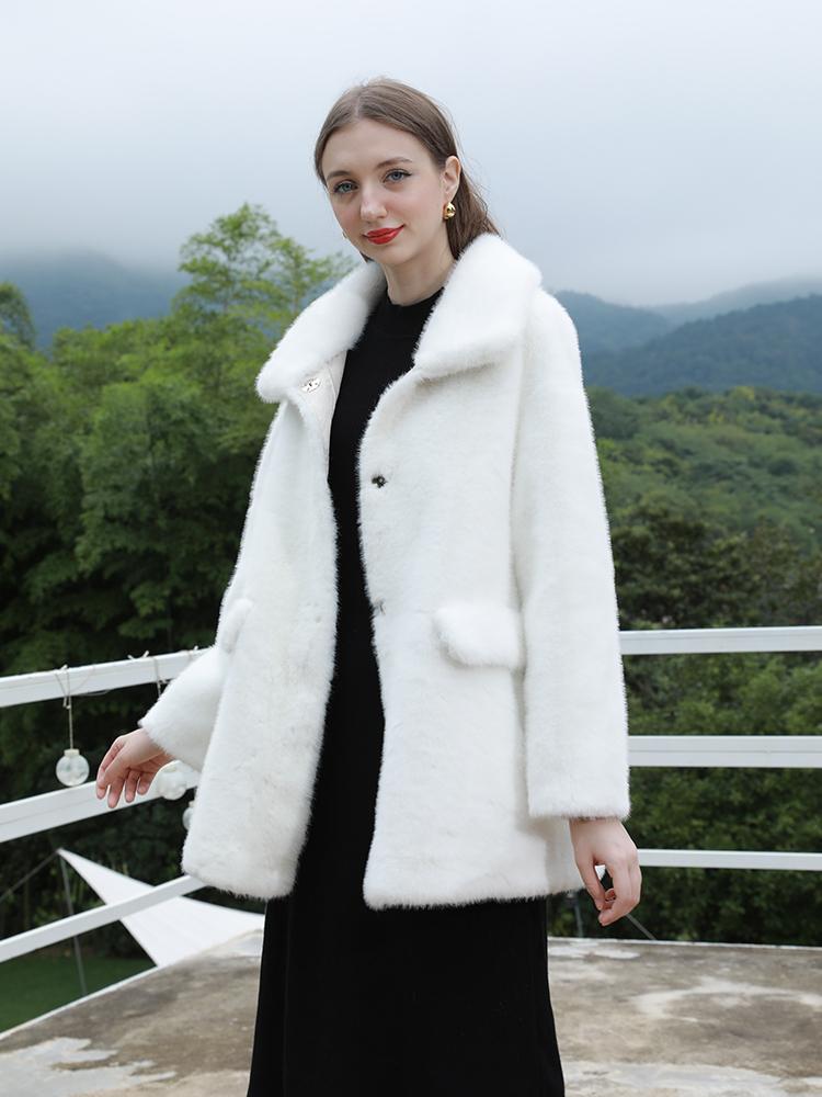 

Женская однотонная осенне-зимняя теплая куртка с откидным воротником из норки и искусственного меха ONE SIZE белый