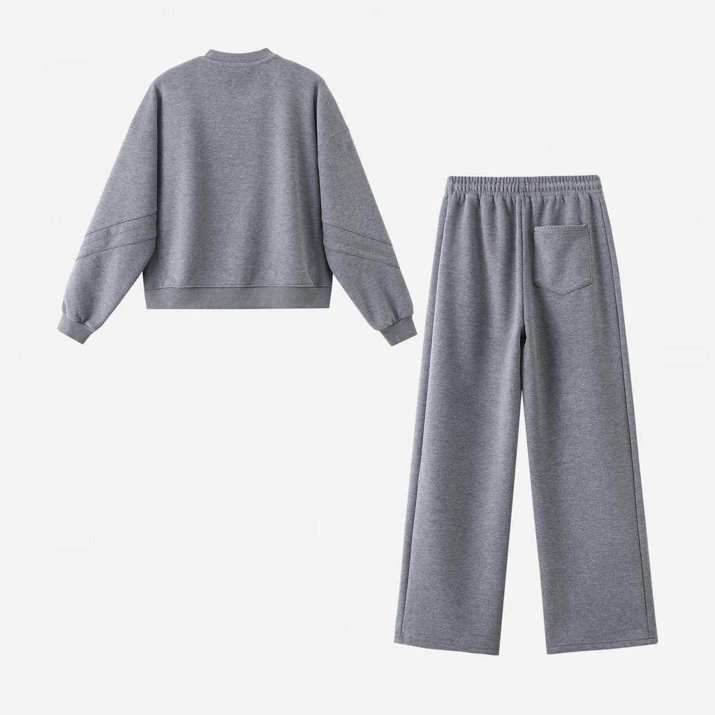 Women's Fleece-Lined Grey Hoodie Set - Warm, Versatile, Casual Round Neck, Perfect for Autumn/Winter.