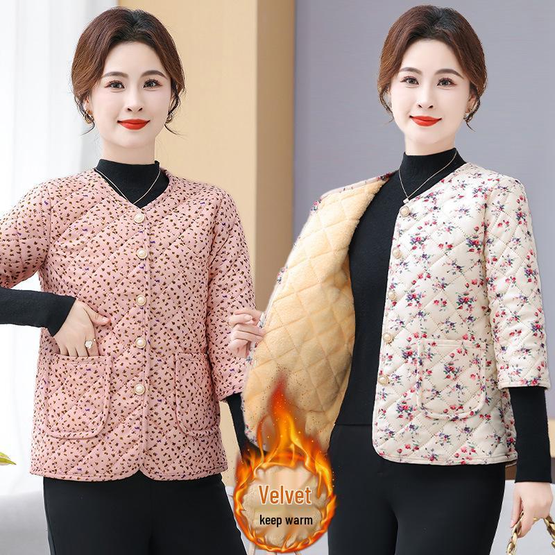 Women's Floral Print Warm Collarless Cotton Jacket with Mid and Seven-Sleeve Options, Fleece-Lined for Autumn/Winter.