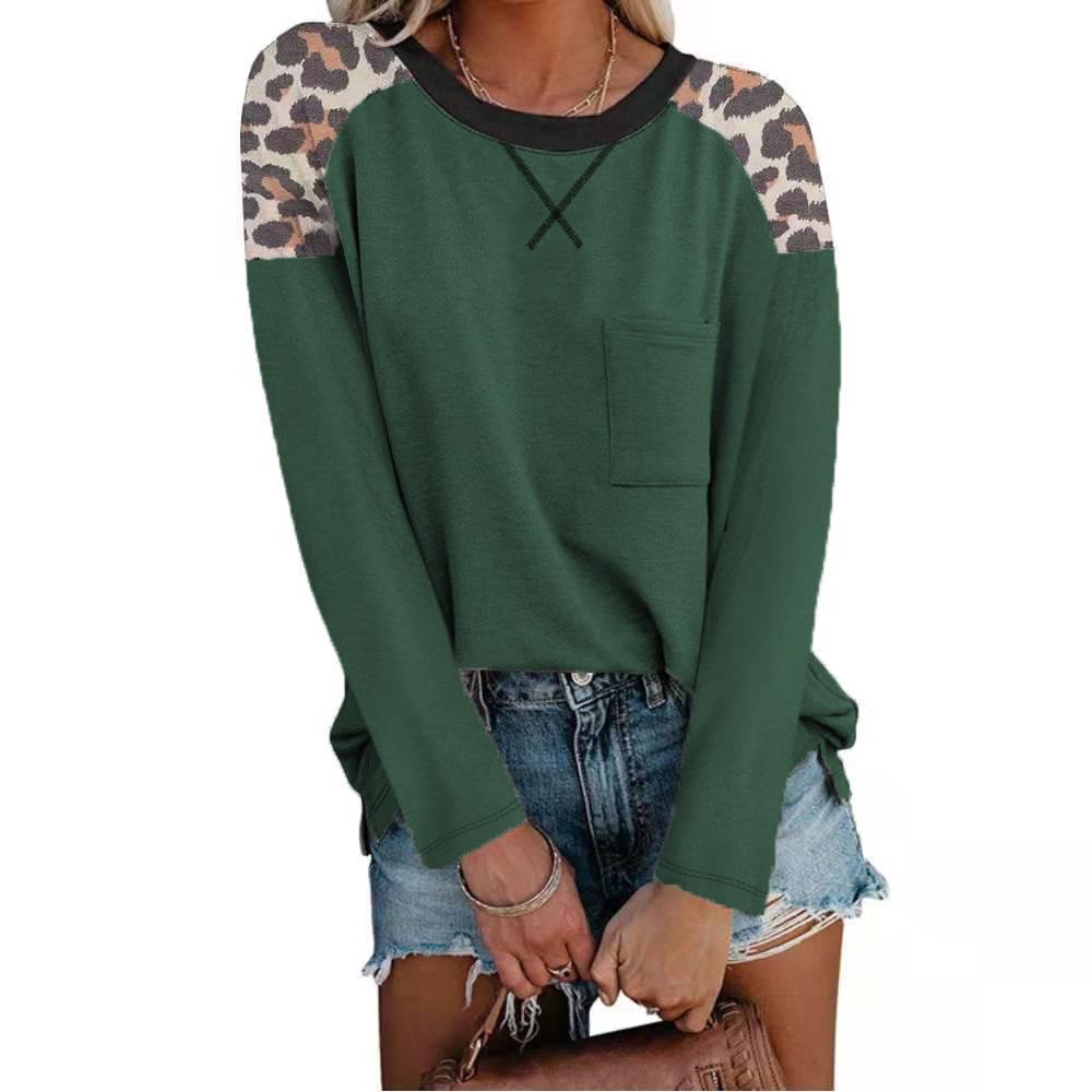 Autumn and Winter New Round Neck Leopard Print Stitching Pocket T-shirt Long-sleeved Bottoming Shirt